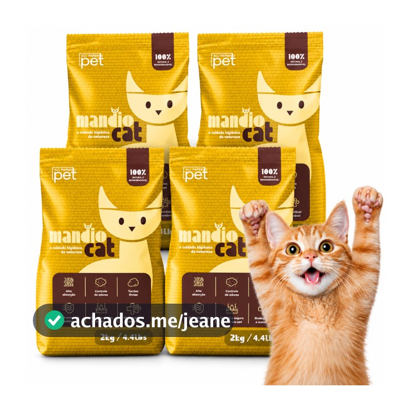 Areia De Gato Mandiocat Biodegradável Mandioca Grão finos 2 ou 4 Kg Para Gatos