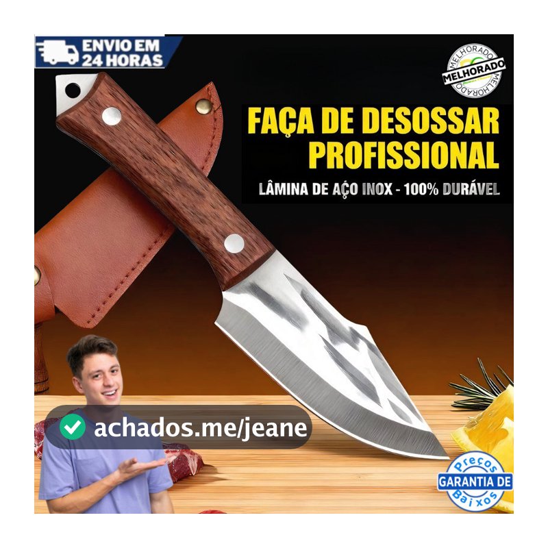 Faca Cutelo e Camping Artesanal, Aço Inox Afiado com Bainha de Couro Legítimo, Ideal para Desossar Carne e Aventura