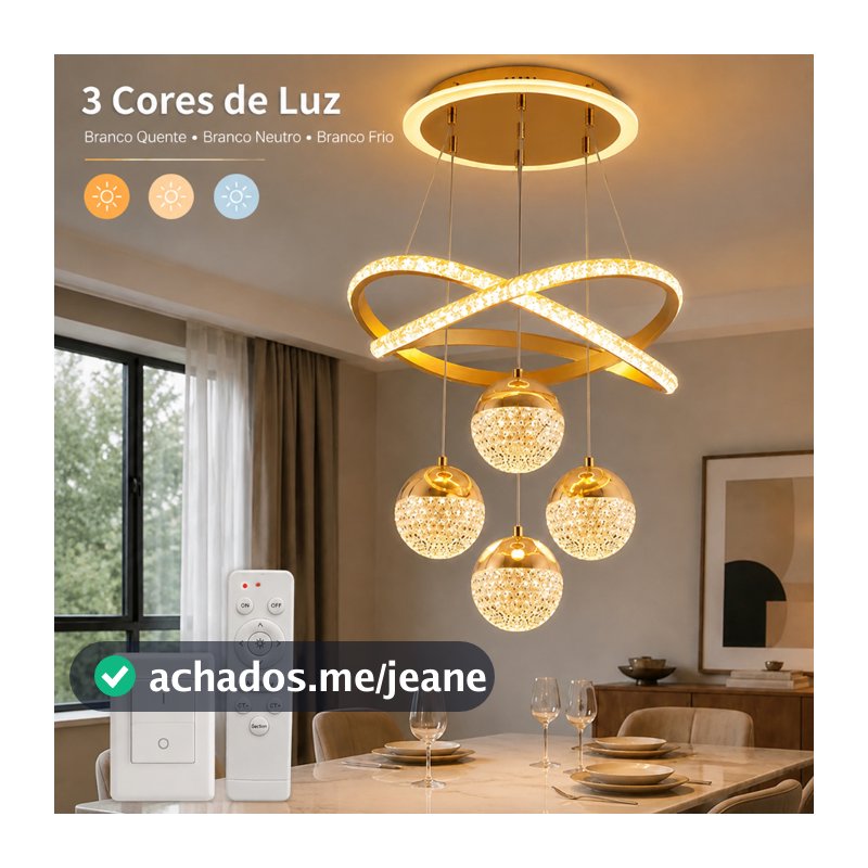 Luminária de Teto Lustre Pendente LED Moderno com Três Cores de Luz para Sala, Quarto, Cozinha e Ambientes Internos