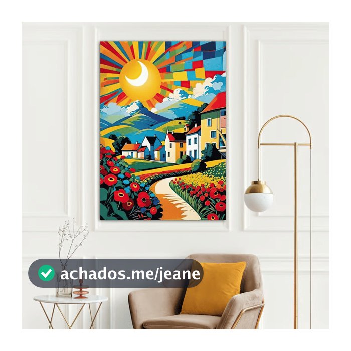 Quadro Decorativo Vila Colorida com Sol 60x90 Tela Canvas Grande Pronto Para Pendurar Sala Quarto