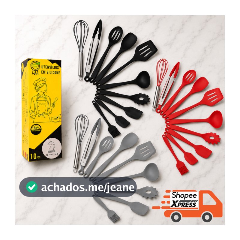Kit Conjunto Utensílios Jogo Profissional 10 Peças Cozinha SILICONE Antiriscos BPA Free Colher Espátulas Resiste X-MATTE
