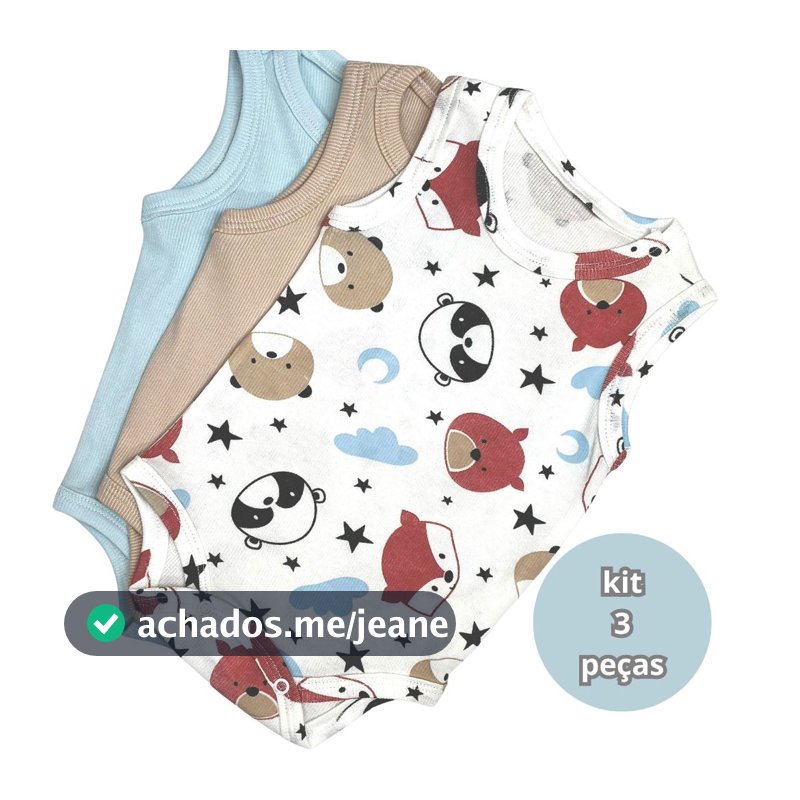 Kit com 3 body regata roupa de bebê menino malha canelada algodão enxoval