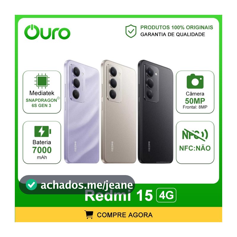 Xiaomi Redmi 15 4G,Versão Global, Bateria 7000mAh, 128/6GB ou 256/8GB Processador Snapdragon 685 , Câmera 50MP