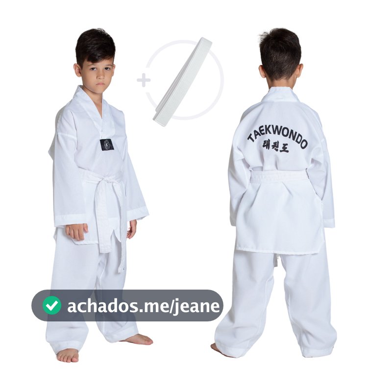 Dobok Taekwondo Infantil Kimono Oxford Branco Roupa Uniforme Gola Branca c/Faixa Dobo Dubok Iniciante Aluno