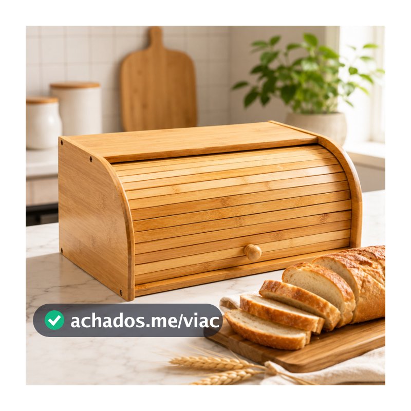 Porta Pães Bambu Grande Premium  com tampa retrátil Baú de armazenamento cozinha organizada