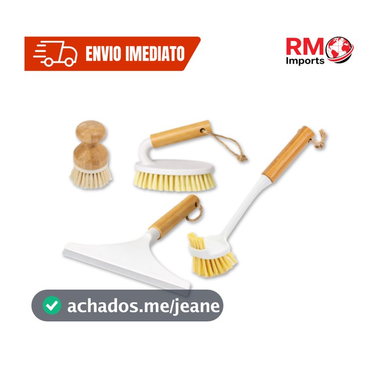 Kit Limpeza Banheiro Cozinha Rodo de Pia + 3 Escovas de Bambu Multiuso