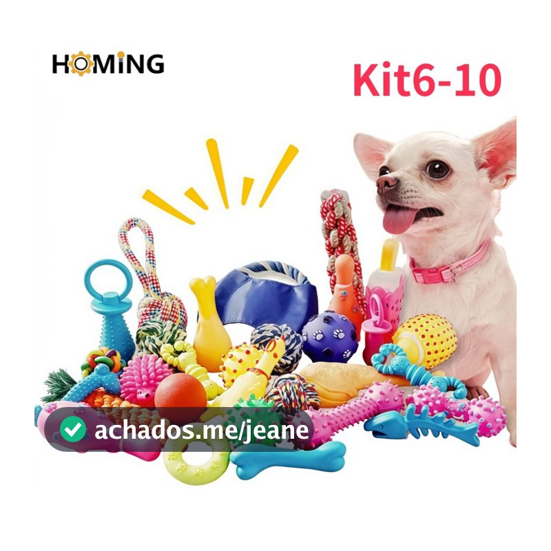 Kit 10/6 Brinquedos Mordedores para Filhote em Vinil e Corda Anti estresse Galinha Bola
