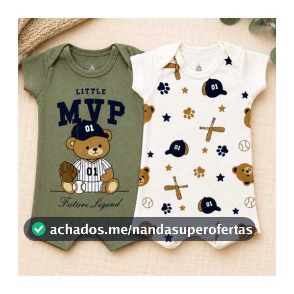 Kit 2 Macacão Romper Bebê Menino Verão 100% Algodão Banho de Sol Manga Curta RN,P,M,G,GG Ursinho Beisebol