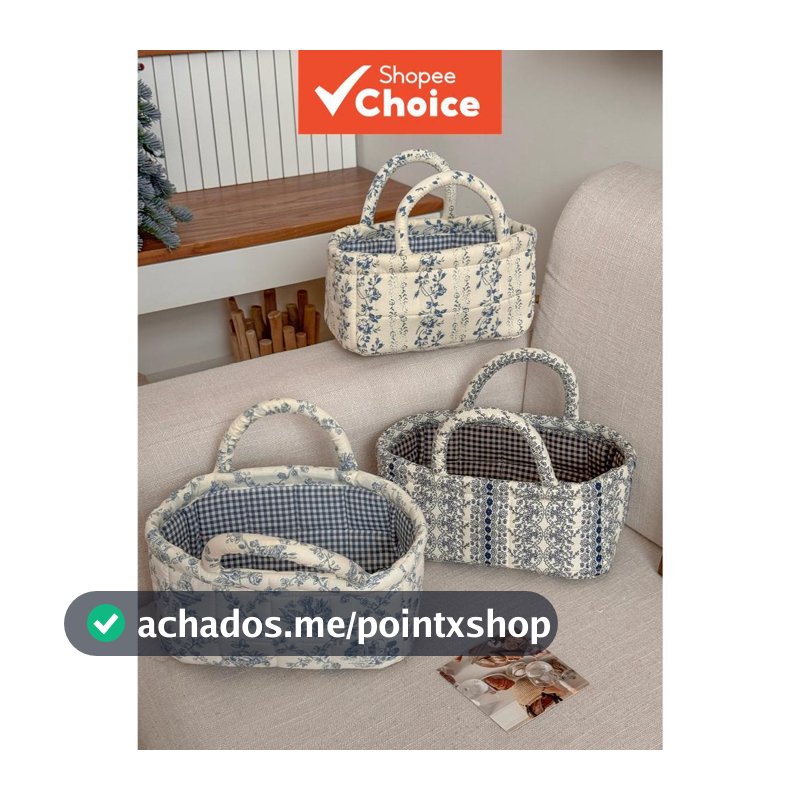 Cesto de Armazenamento Azul Floral Branco Acolchoado em Tecido com Estampa de Vinhas, Organizador Doméstico Portátil,