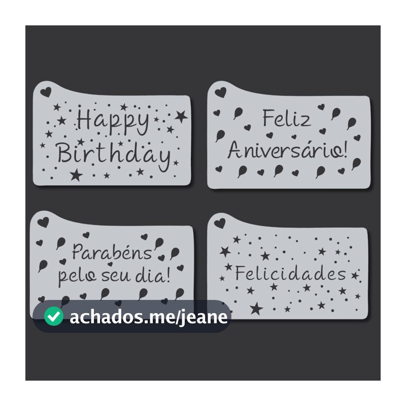 Kit 4 Stencil Molde Decorativo Bolo Cupcake "Happy Birthday" Textura Profissional para Confeitaria