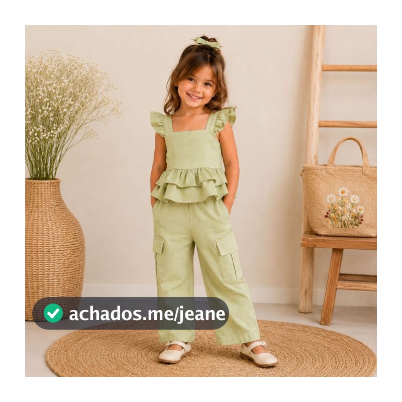 Conjunto Feminino Juvenil Calça Cargo e Blusa com Babado Lastex Look Fashion