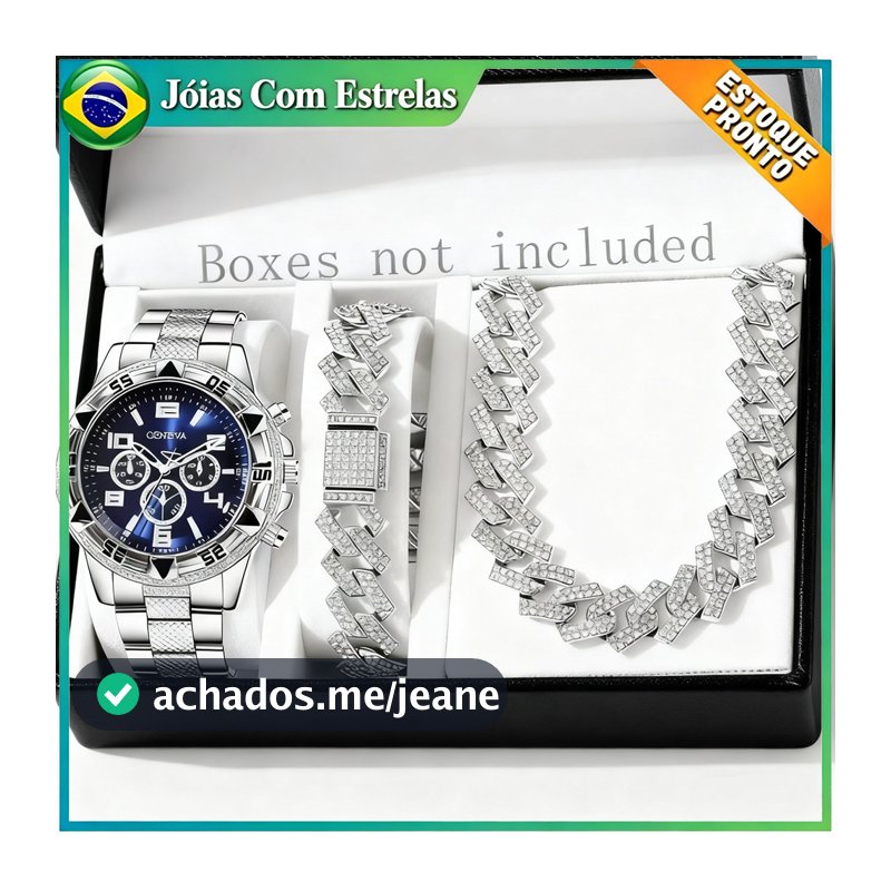 Conjunto Relógio Masculino Mostrador Preto Grande Estilo Negócios acompanhado de Colar e Pulseira Corrente Cubana