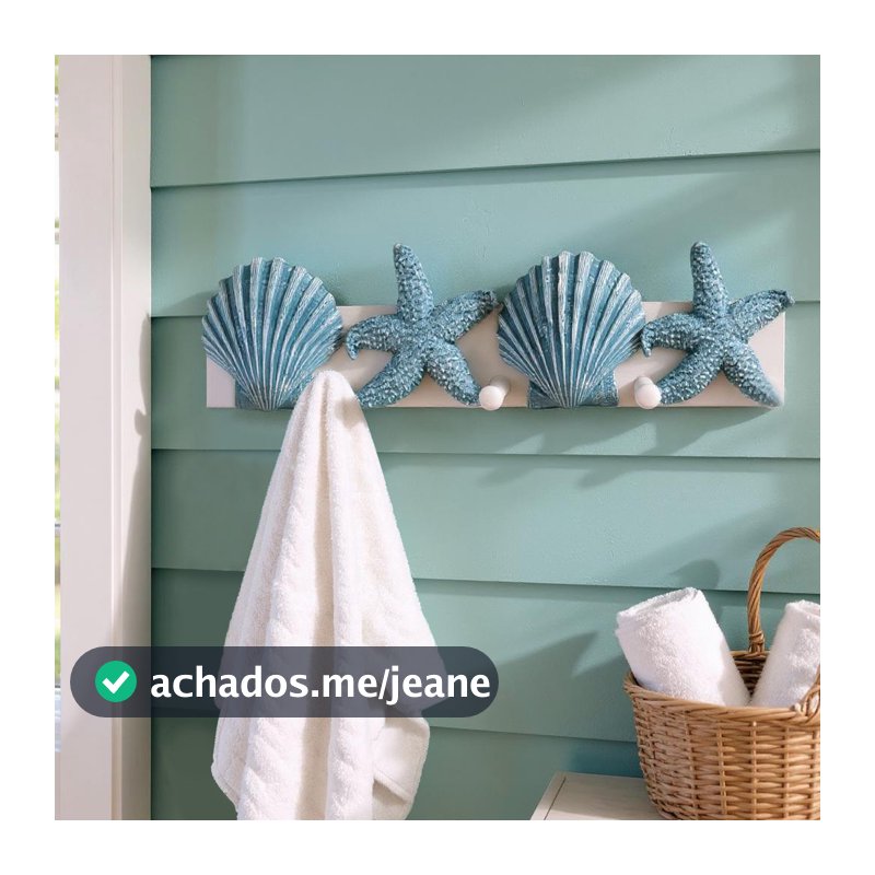 Cabideiro e Porta-chaves Conchas e Estrelas Branco e Azul em Madeira e Resina 39x9,5x5,5 cm