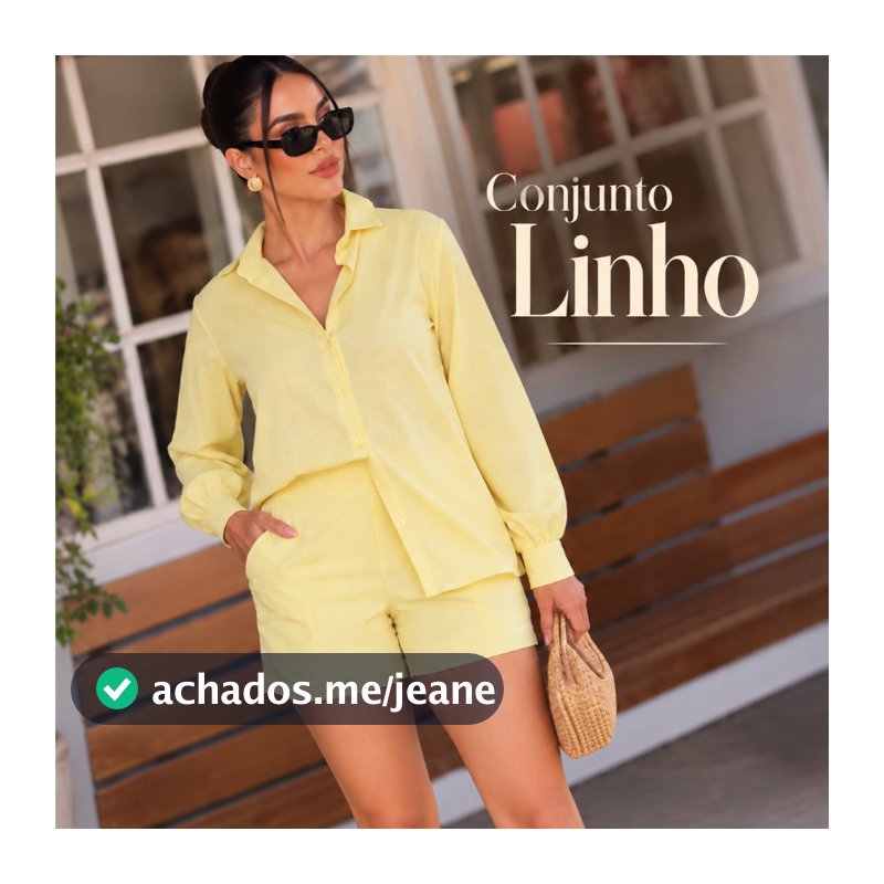 Conjunto Linho Feminino Camisa Manga Longa Shorts forrado