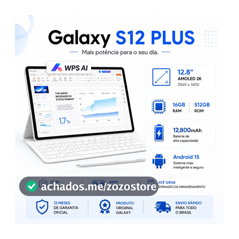 Tablet Galaxy S12 Plus  16 GB + 512 GB, 12,8 polegadas, bateria de 12,800 mAh 5G wifi | Trabalho e entretenimento