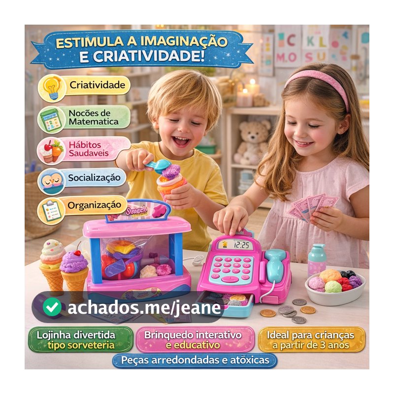 Kit Caixa Registradora Infantil Brinquedo Educativo Sorveteira Colorida Diversao Crianca