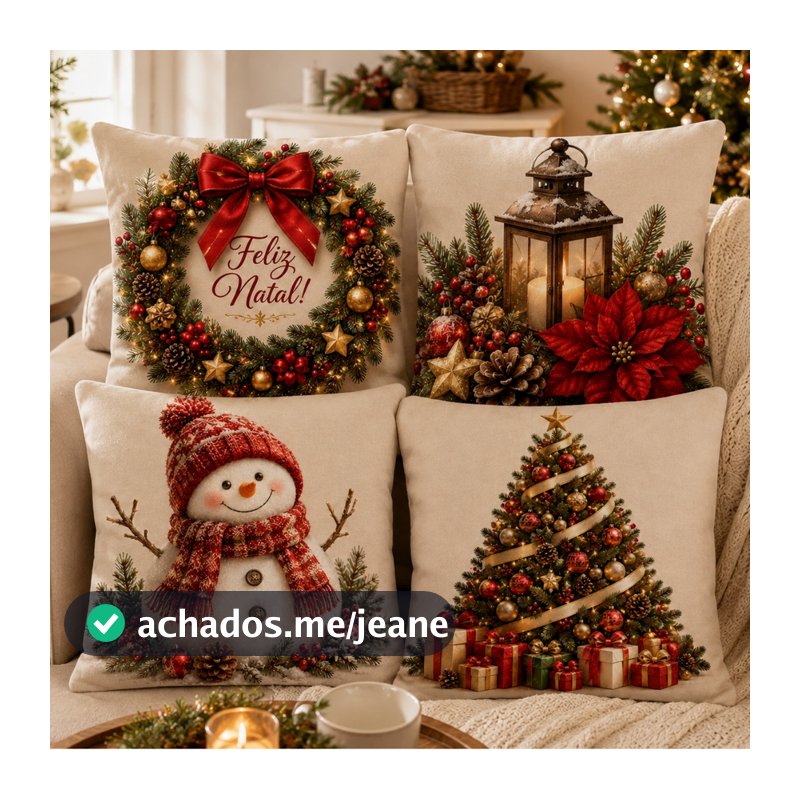 Kit 4 Capas de Almofada Natalinas Decoração de Natal Premium 45x45cm Ziper Sofa Cama