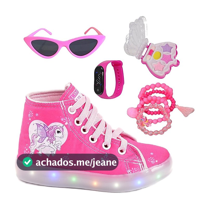 Tênis Feminino Infantil Led Unicórnio Preto Rosa + Paleta Pulseira Óculos Relógio