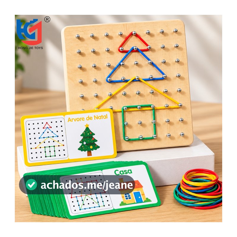 Geoplano de Madeira Montessori Brinquedo Educativo com Elásticos Formas Geométricas Cartões Raciocínio Lógico Infantil