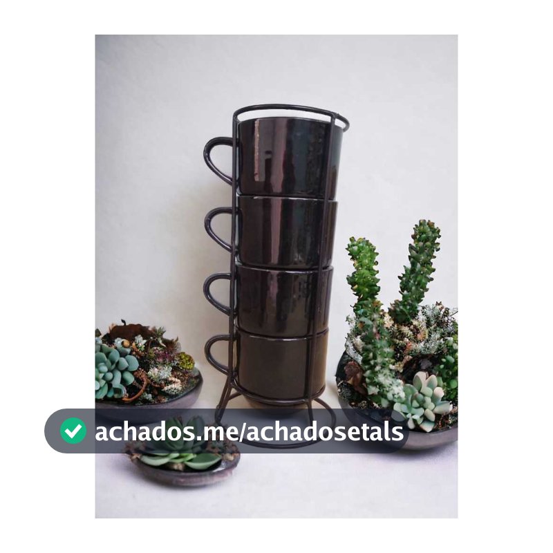Jogo De 4 Xicaras Café Chá Porcelana Preta lisa Com Suporte de Metal