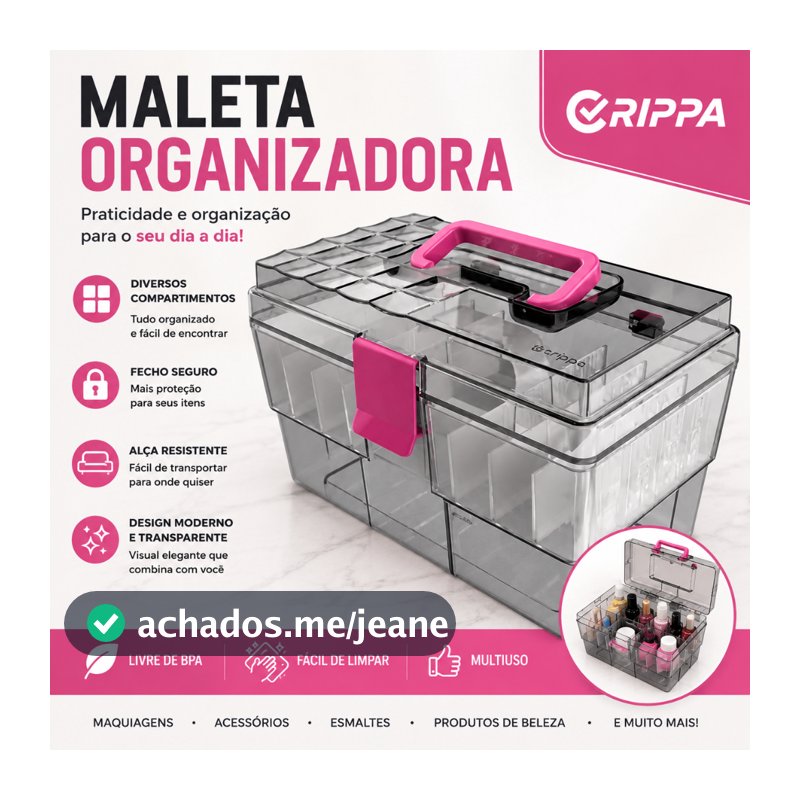 Maleta Organizadora Crippa Fumê com Bandeja Interna e Divisórias Rosa para Maquiagem