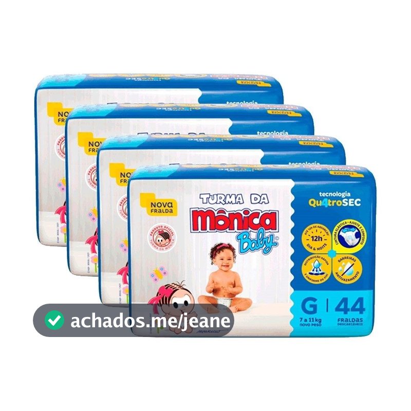 Fralda Descartável Turma da Mônica Tamanho G - 4 Pacotes com 44 Fraldas - Total 176 Tiras