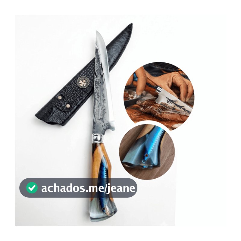 Faca Artesanal Churrasco Aço Carbono 9” Folha – Cabo com Isca Artificial Pesca