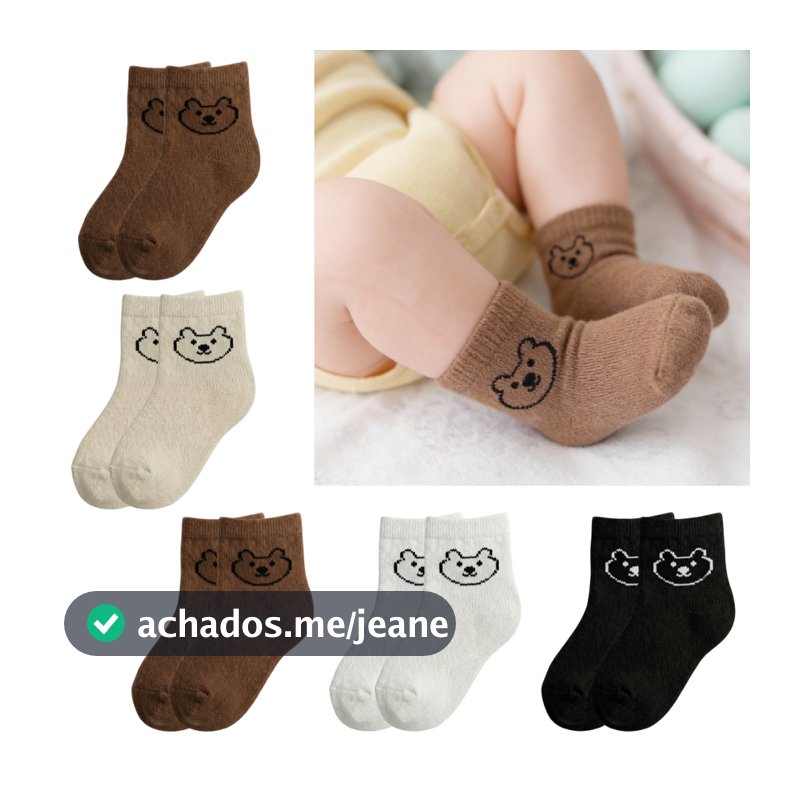 Kit 5 Pares Meias Bebê Infantil Urso Algodão Cano Médio Ursinho Fofo Unissex