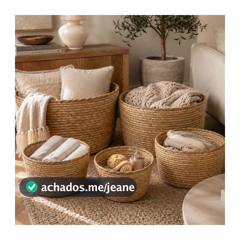 Kit 5 Cestos Redondos de Fibra Natural P/ Decoração - Vencedor