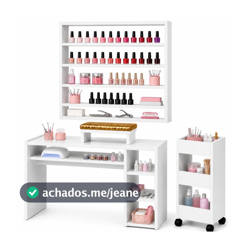 Kit Manicure Salão Beleza Mesa Profissional Carrinho Expositor E Apoio De Mão