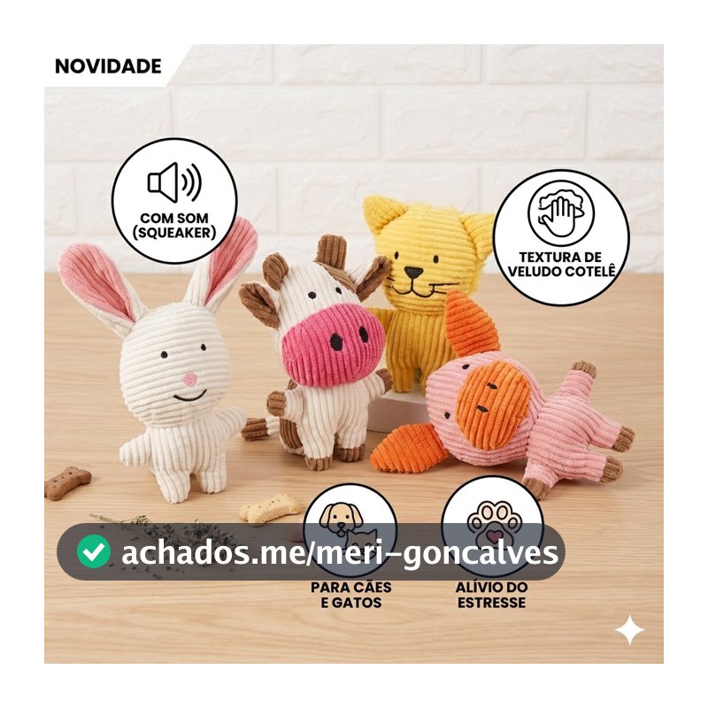 Brinquedo Pet Mordedor Pelúcia com Som Resistente Veludo Cotelê p/ Cães e Gatos Animais Fofos Interativo Antiestresse