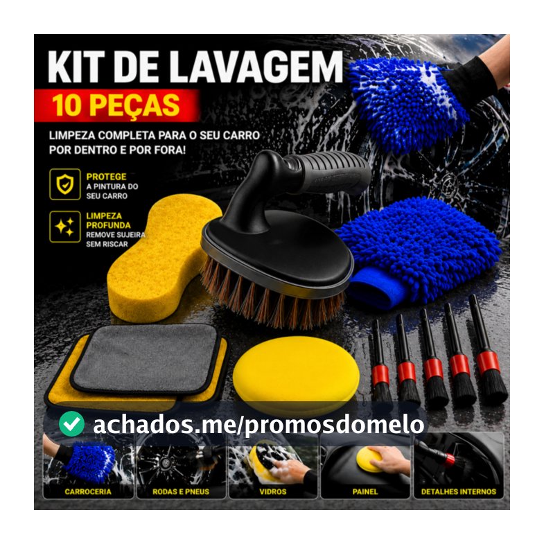 Kit 10 Peças Lavagem Automotiva Esponja + Escova de Pneu + Flanela + Aplicador de Cera + Luva Microfibra + Kit Pincel
