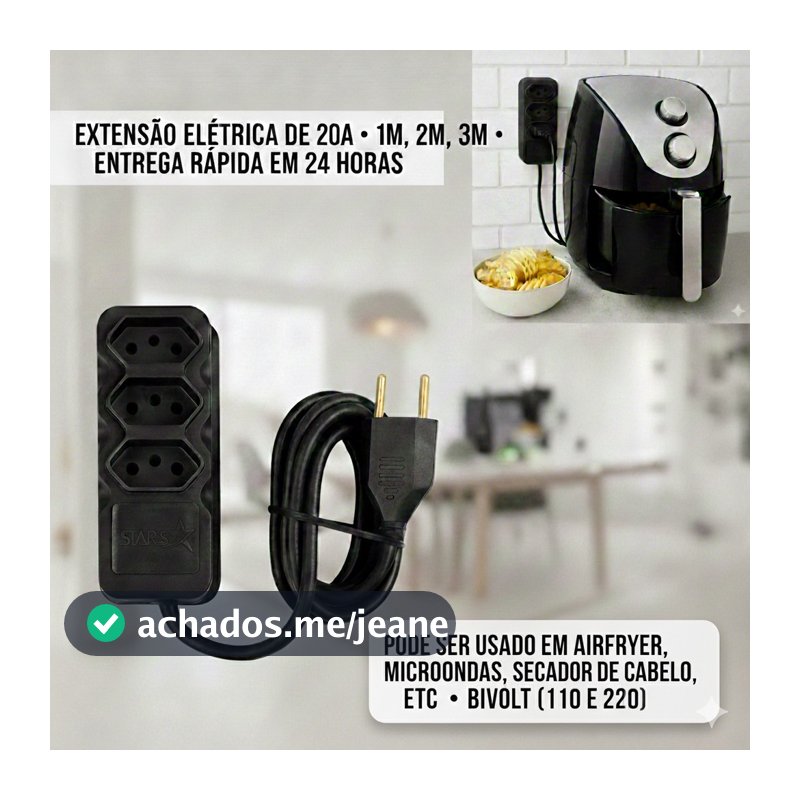 Extensão Elétrica Reforçada 20A 3 Tomadas Bivolt – Para Airfryer, Micro-ondas e Secador 1m 2m 3m