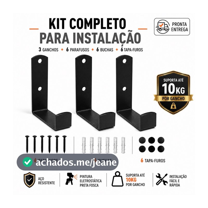 Gancho De Parede Preto Kit 3 Multiuso Industrial Com Parafusos