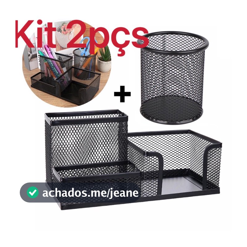 Porta Lápis + Porta Treco Organizador de Mesa de Escritório Kit caneta metal aramado