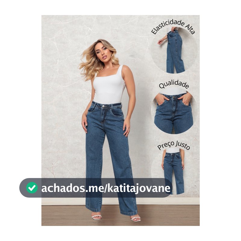 Calça Jeans Wide Leg Marmorizada Cintura Alta 100% Jeans