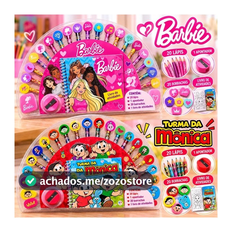 Kit Turma da Mônica Barbie 22 Lápis de Cor com Borracha + Livro de Colorir presente crianças material escolar