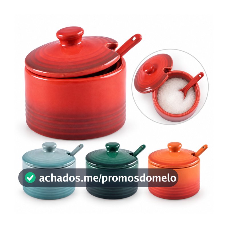Açucareiro Saleiro Le Chef 200ml Cerâmica Com Tampa E Colher 4 Cores Para Mesa E Cozinha