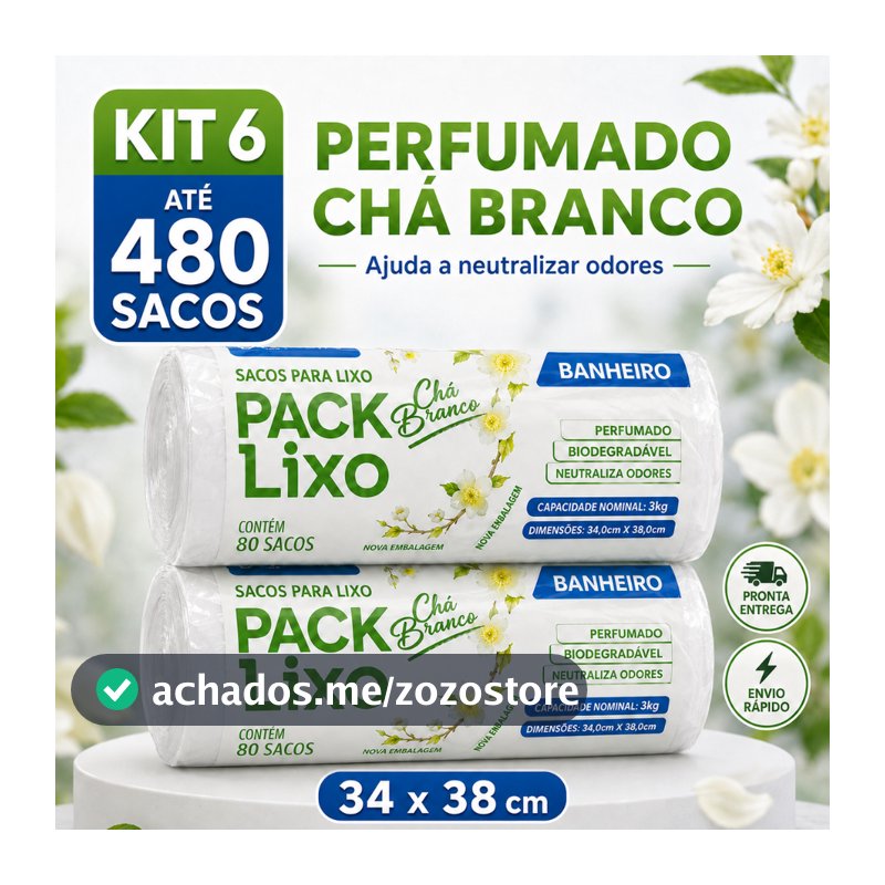 Sacos de Lixo Perfumado Chá Branco Kit Para Pia e Banheiro 34x38cm Neutraliza Odores 10L Cheiroso