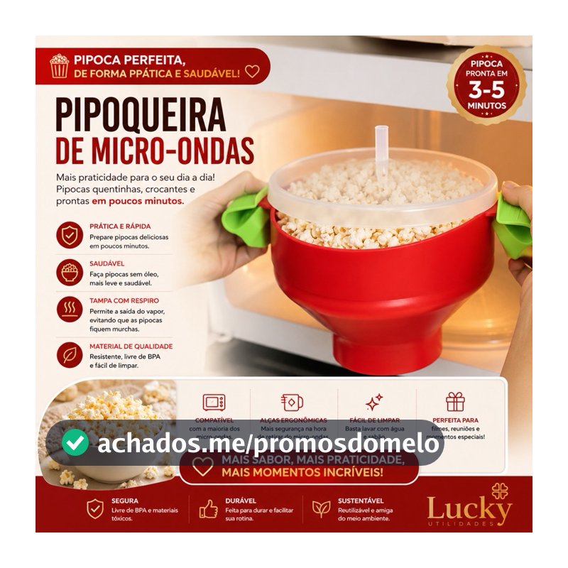 Pipoqueira de Microondas sem Óleo com Tampa Respiro Alças Reutilizável Fácil de Limpar