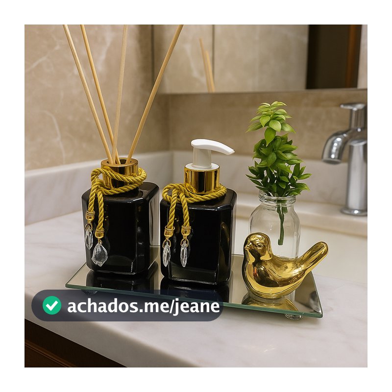 Kit Lavabo PLÁSTICO 200ml Difusor Ambiente Saboneteira + Passarinho Bandeja Espelhada e Vaso Planta