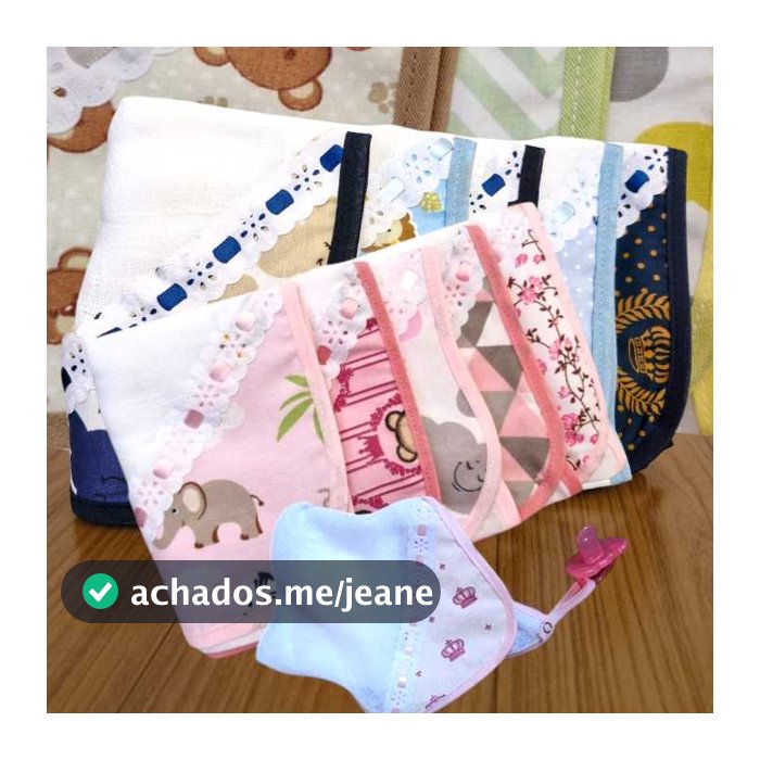 kit com 5 Fraldinhas De boca 100% Algodão Com Porta Chupeta em Tecido Fralda