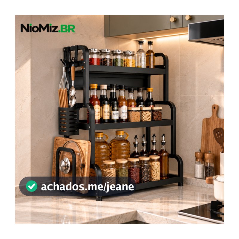 Organizador de Cozinha 3 Andares em Aço Carbono, Porta Temperos Multifuncional para Bancada com Suporte para Utensílios
