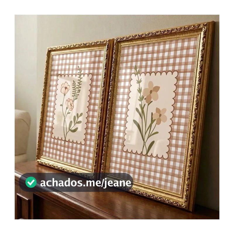 Kit 2 Quadros Decorativos Folhagem Marrom Moldura Clássica Dourada