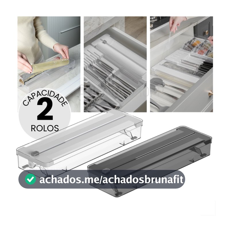 Organizador de Rolos Duplo e Cortador de Plástico Filme Papel Alumínio Manteiga Ou 37cm x 12cm