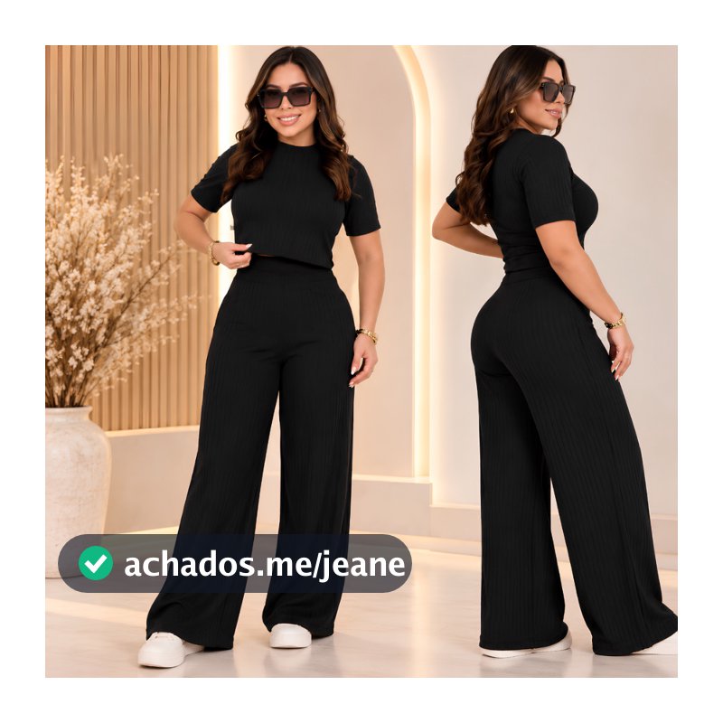 Conjunto Feminino Elegante Calça Pantalona + Blusa Cropped Malha Canelada 3D Premium