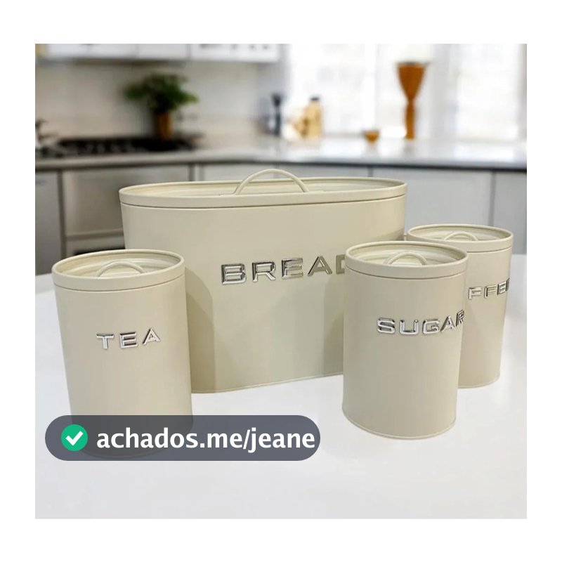 Kit Porta Pão + Latas Porta Mantimentos Café Açúcar Chá Cozinha Retrô Ferro Galvanizado Bege Lisa