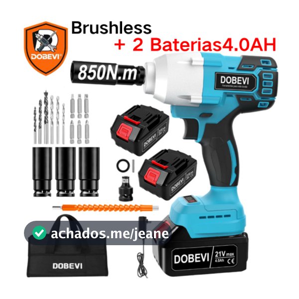 Chave de Impacto Profissional 850Nm Brushless 21V + 2 Baterias 4.0Ah Kit Completo Dobevi