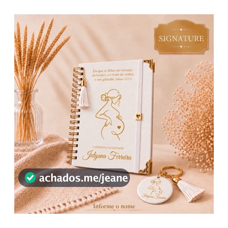 Caderneta da Gestante Personalizada Pré-Natal e Consultas Capa Linho Hot Stamping Bege e Dourado