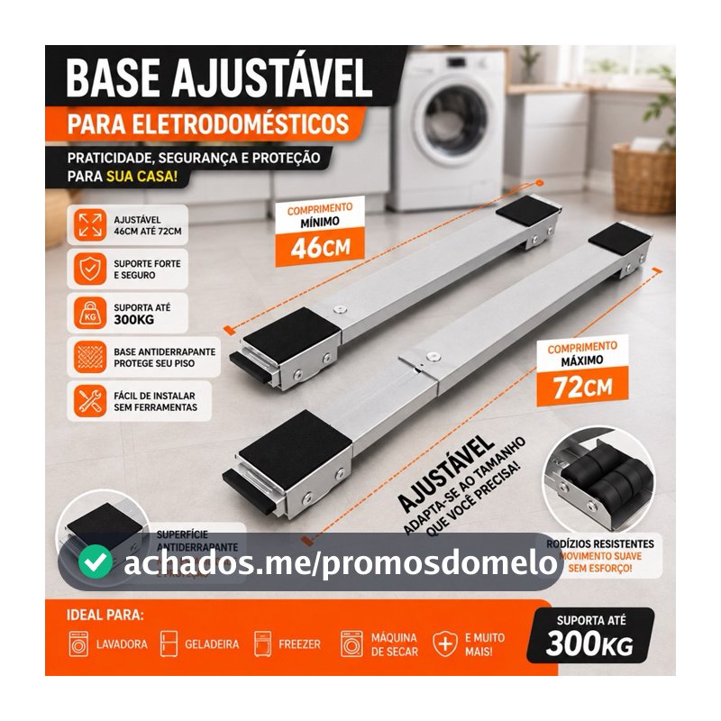 Base Regulável para Máquina de Lv Geladeira Freezer Secadora Suporte Ajustável Universal Rodízios Resistentes Até 300kg